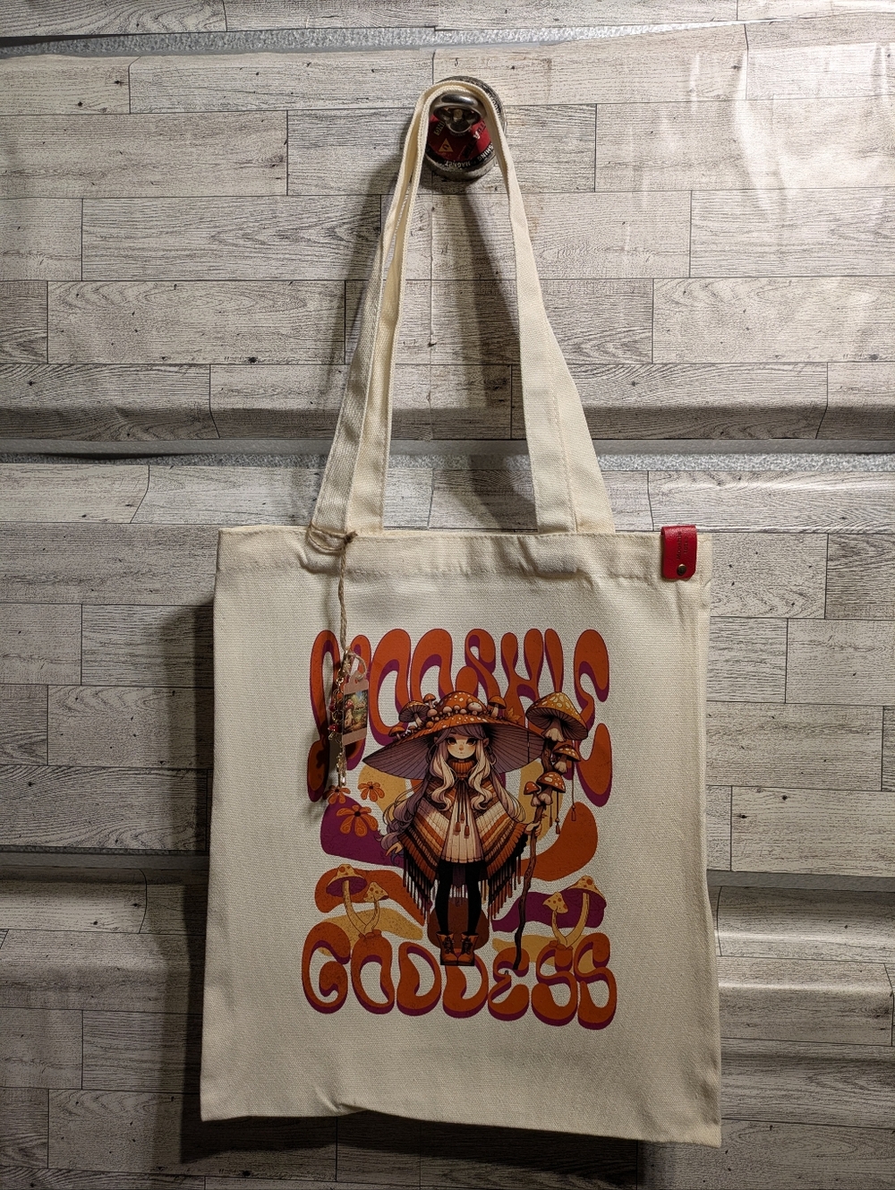 Mooshie Totes Boho Graphic Canvas Tote Bag - Cream with Orange & Purple Print